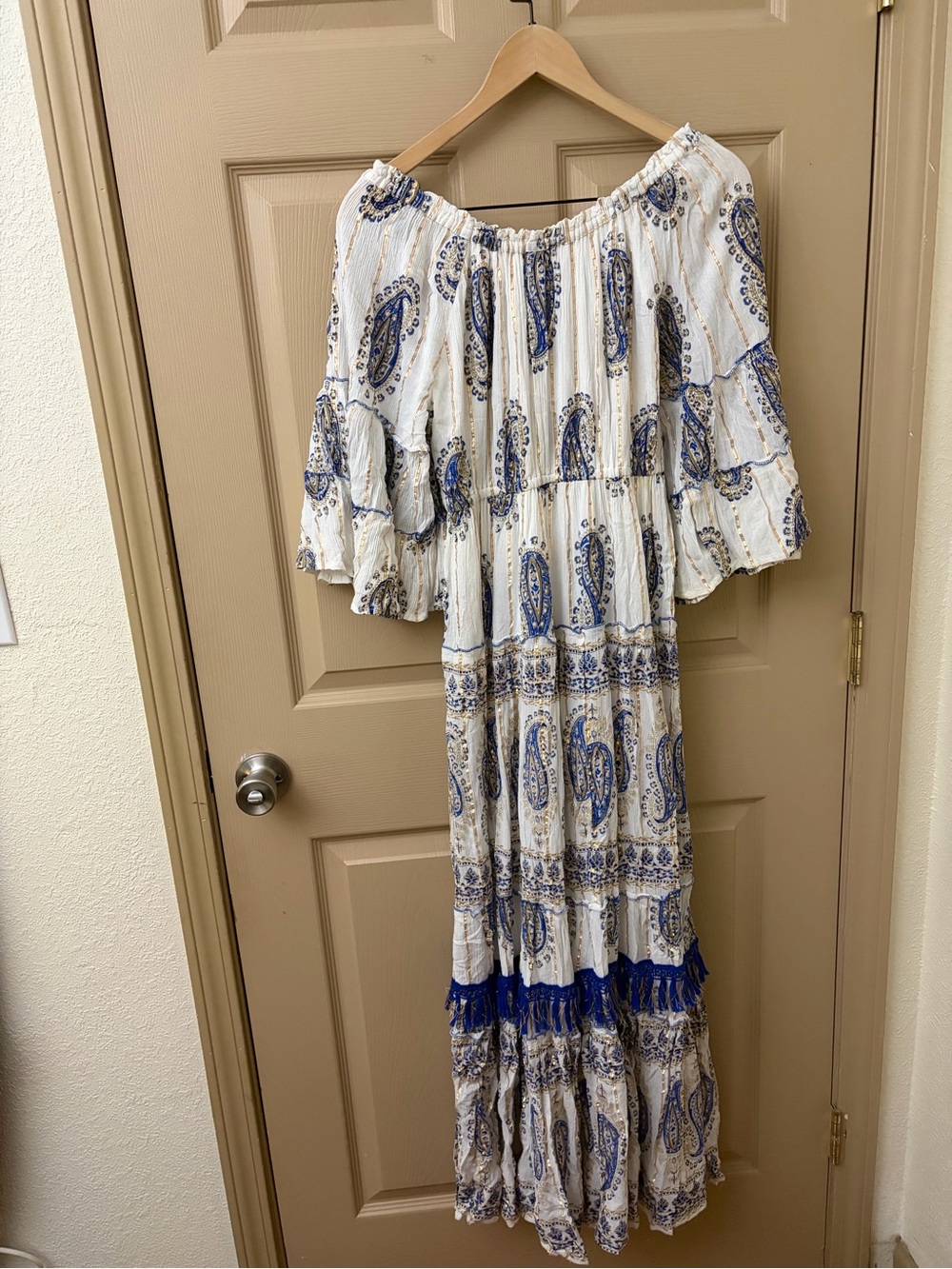 Boho Anthropology Off-Shoulder Maxi Dress in White, Blue, and gold - Picture 6 of 6